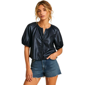 Avec Les Filles Faux Leather Puff Sleeve Button Top Black Sz L NWT